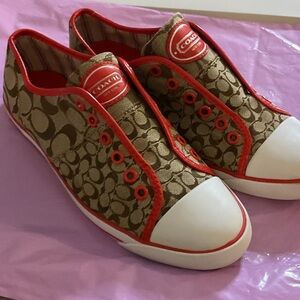 Coach Tan and Red Canvas Sneakers